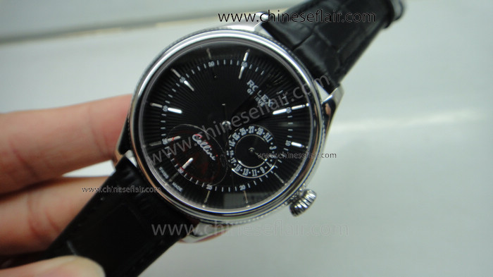 Copy Rolex Geneve Cellini Black Dial Black Leather Strap Watch